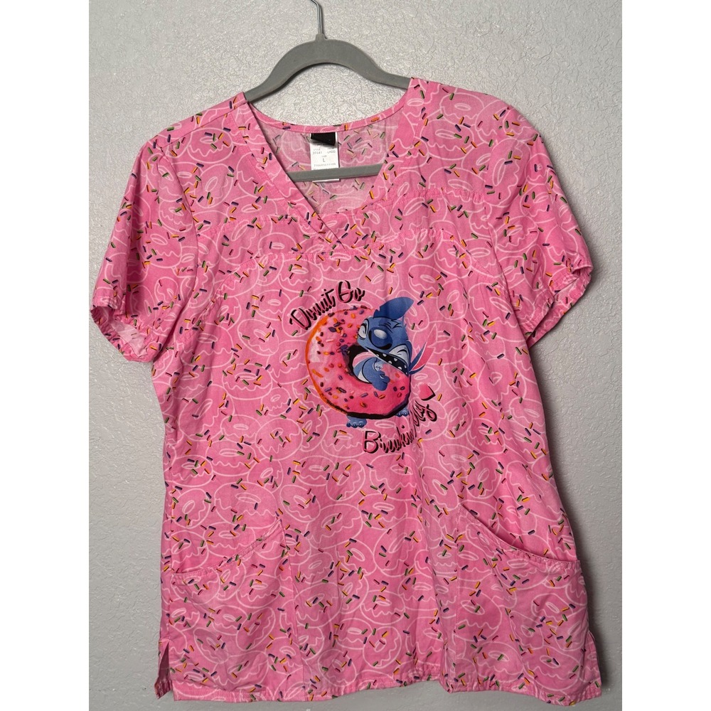 Disney Stitch Donut Go Breakin My Heart Scrub Top Woman's L Medical Uniform
